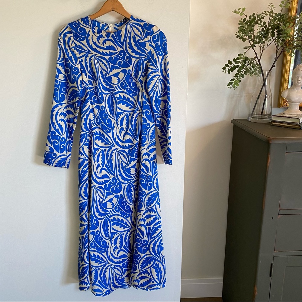 Zara Satin Blue Tan Long Sleeve Midi Dress Size XS - Picture 7 of 13